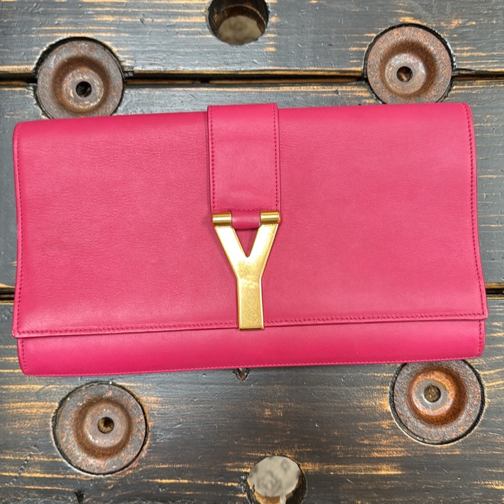 Saint Laurent Signature Hold “Y” Large Pink Leather Clutch or Shoulder Bag - Picture 4 of 17